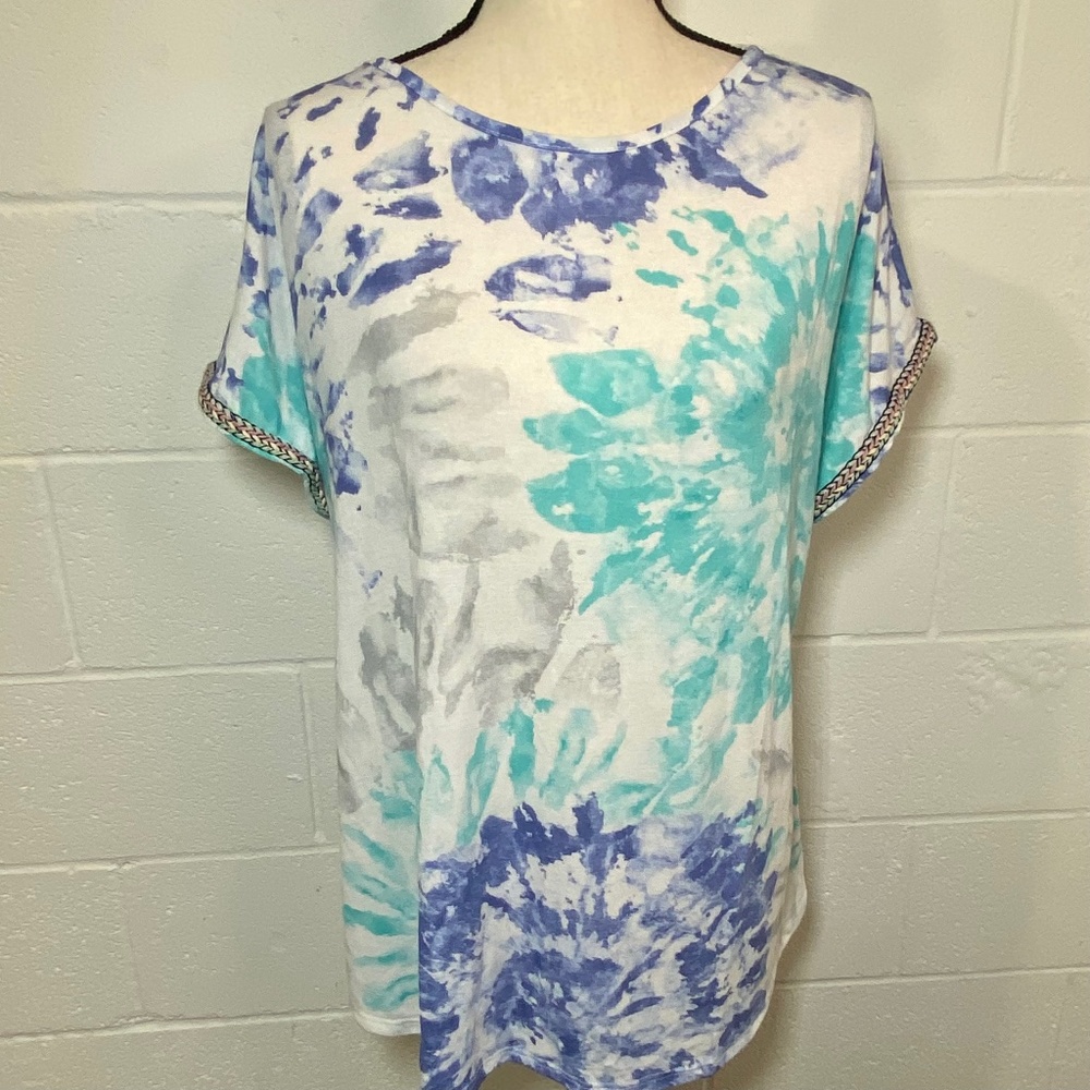Ces Femme Blue, White Gray & Aqua Tie Dye Style Embellished Shirt